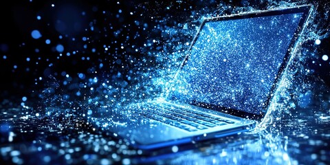 Poster - Computer screen emanating vibrant blue particles in a digital explosion at night