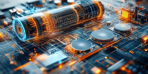 Poster - Detailed view of a futuristic circuit board with glowing components and advanced battery technology in a tech lab