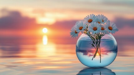 Poster - reflective surface, with the calming backdrop of a serene sunset over the horizon, evoking peace and serenity