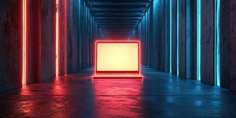 Poster - Neon hallway with illuminated laptop showcasing vibrant atmosphere and futuristic design