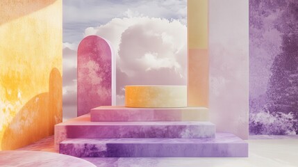 Fototapete - Geometric shapes and pastel clouds combine for a fresh, abstract backdrop. The purple, pink, and yellow podium is ideal for showcasing cosmetic products.