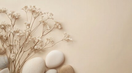Poster - serene abstract nature composition featuring stones and dried flowers against a neutral beige backdrop.