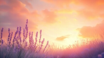 Poster - banner with lavender flowers in soft focus and a sunset sky in the background.