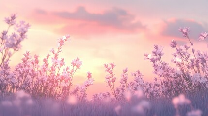 Poster - banner with lavender flowers in soft focus and a sunset sky in the background.