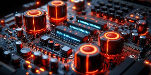 Poster - Close-up view of an illuminated circuit board showcasing intricate details of electronic components and glowing connections