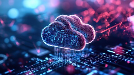 Poster - Abstract digital rende featu interconnected cloud computing icons over a circuit board with vibrant blue and pink flowing data streams background