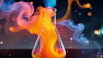 Poster - Colorful Smoke and Vapor Emanating from a Modern Laboratory Flask Surrounded by Blurred Bokeh Lights at Night for Scientific and Creative Concepts
