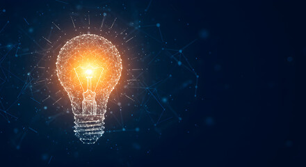 Poster - Abstract Glowing Lightbulb Formed by Connected Dots and Lines on Dark Blue Background Represents Innovation