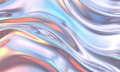 Poster - mesmerizing holographic wave background featuring smooth, flowing patterns in iridescent colors, creating sense of depth and movement. Ideal for modern design projects
