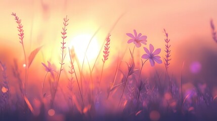 Poster - banner with lavender flowers in soft focus at sunset.