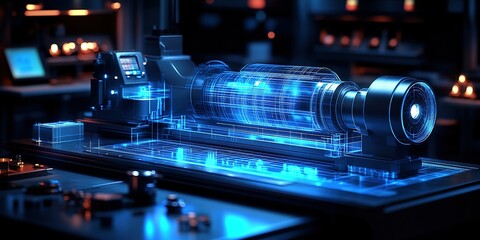 Poster - Advanced machinery in a high-tech workshop showcasing digital components and design elements in a futuristic environment