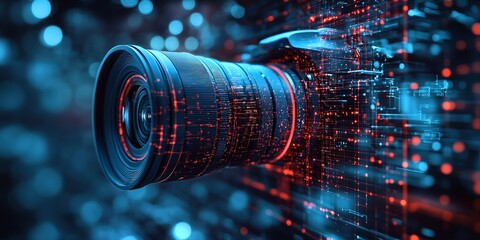 Poster - High-tech camera lens against a backdrop of digital data streams with vivid colors