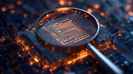 Poster - Close-up view of a magnifying glass revealing intricate details of a glowing microchip integrated circuit board showcasing advanced technology and design