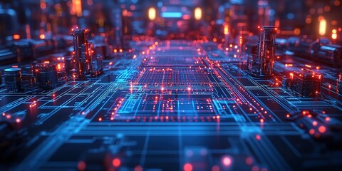 Poster - High-tech circuit board glowing with blue and red lights in a futuristic setting