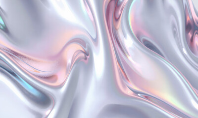 Poster - mesmerizing holographic wave background featuring smooth, flowing patterns in iridescent shades of silver, pink, and blue, creating dreamy and ethereal atmosphere