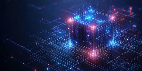 Poster - Digital cube representation showcasing glowing circuits in a futuristic environment with vibrant colors