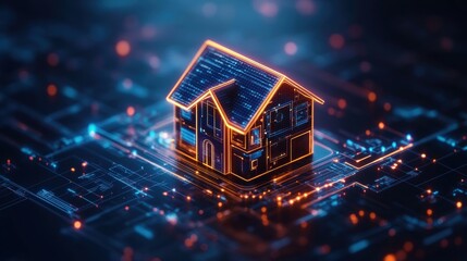 Poster - Glowing Orange and Blue House Digital Rende on Circuit Board Illustrating Advanced Smart Home Technology and Interconnected Systems Concept