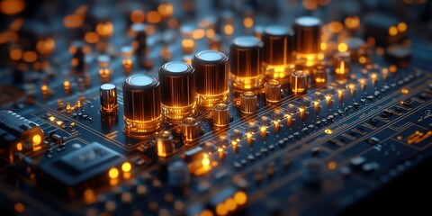 Poster - Electronic circuit board with glowing components in a dim environment showcasing advanced technology