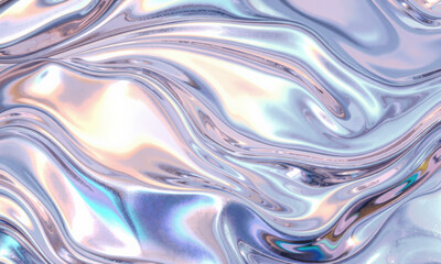 Poster - mesmerizing holographic wave background featuring smooth, flowing patterns in iridescent colors. shiny surface reflects light beautifully, creating dynamic and captivating visual experience