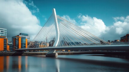 Poster - side perspective of a contemporary bridge with thin steel cables fanning out elegantly from its central support towers.
