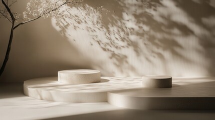 Poster - beige stage adorned with circular podiums and dappled tree leaf shadows, creating a minimal and natural scene for product display.
