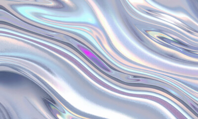 Poster - mesmerizing holographic wave background featuring smooth, flowing patterns in iridescent colors. shiny surface reflects light beautifully, creating dynamic and captivating visual experience