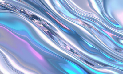 Poster - mesmerizing holographic wave background featuring fluid, iridescent colors of blue, pink, and silver that create sense of depth and movement. Perfect for modern design projects