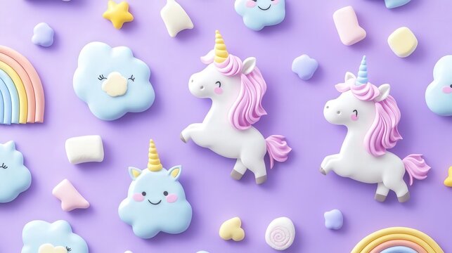 Soft pastel purple kawaii background with handmade plasticine cartoon animals, unicorns, clouds, rainbows, and marshmallows in a fun and sweet pattern