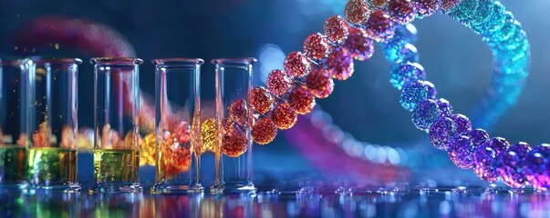 Wall Mural - colorful dna strands with test tubes in a scientific laboratory