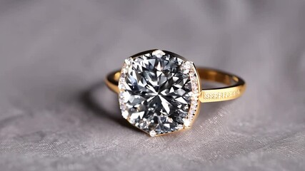 Poster - A gold and diamond ring with a large diamond in the center. The ring is on a table