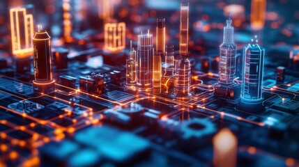 Poster - A Futuristic Cityscape Built on a Circuit Board Surrounded by Illuminating Orange and Blue Hues in a Stylized Digital Rende of Urban Visionary Designs