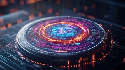 Poster - A futuristic circular technological device featu glowing neon concentric s in pink orange and blue displaying intricate data patterns on metal surface