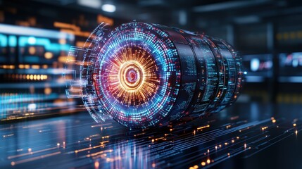 Poster - Futuristic Cylindrical Data Core With Vibrant Holographic Displays Of Complex Digital Information On Reflective Surface In High-Tech Environment