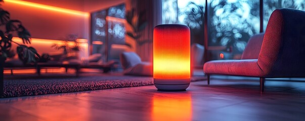 Poster - Glowing neon speaker in a futuristic lounge setting