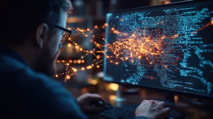 Poster - Focused programmer coding before a computer screen with complex data networks and glowing connections illustrating intricate data flows and processes