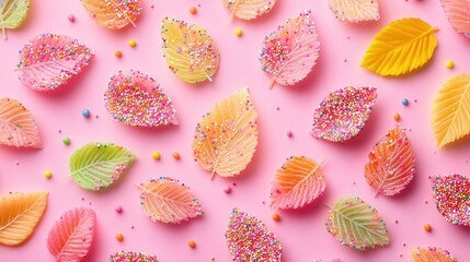 Poster - pink background serves as a canvas for vivid, sprinkle-covered leaf candies, radiating sweetness and