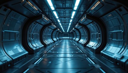 Poster - Futuristic spaceship corridor with sleek metallic walls, glowing blue lights. Modern interior design, symmetrical perspective creates sense of depth, high-tech advanced spacecraft technology. Ideal