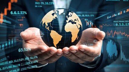 Poster - Hands Holding a Digital Globe with Global Financial Data Overlay, Representing International Business and Economic Growth in a Modern World