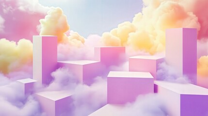 Poster - geometric background with soft pastel clouds in shades of purple, pink, and yellow. The perfect modern backdrop for a cosmetic product promotion podium.