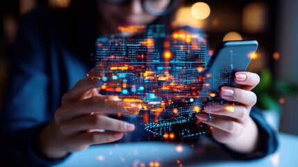 Fototapete - Close-up of a person's hands gripping a smartphone with a holographic digital data projection featu intricate code and vibrant graphics emanating forth