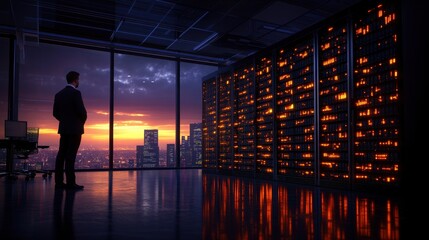 Poster - Businessman silhouetted against panoramic city sunset, gazing at cityscape, positioned before large server room filled with brightly lit network equipment