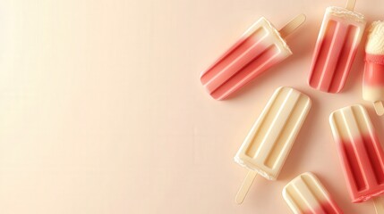 Fototapete - The banner features a playful and colorful arrangement of ice cream popsicles on a soft beige background,