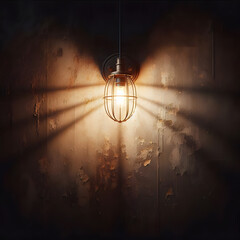 Poster - A vintage-style caged light bulb hanging against a textured wall, casting a warm glow and creating a moody atmosphere. Generative AI.