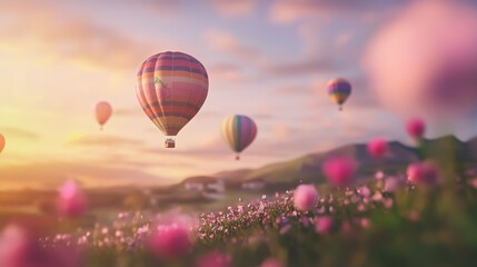  Colorful Hot Air Balloons Over a Pink Flower Meadow at Sunset