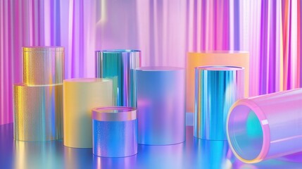 Poster - holographic design in neon blue, purple, pink, yellow, and mint with metallic reflections.