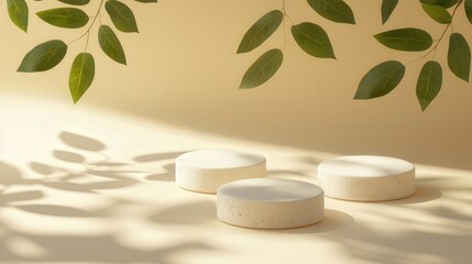 Poster - minimal design with clean circle podiums on a beige background. Tree leaf shadows gently overlay the scene, creating a natural vibe for product displays