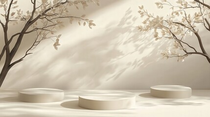 Poster - minimal nature-inspired scene with circular podiums and an empty stage on a soft beige background. Gentle tree leaf shadows create an elegant setting for cosmetic product mockups.