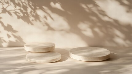 Poster - natural scene featuring circular podiums and soft tree shadow overlays on a beige surface, ideal for modern cosmetic and packaging mockups.