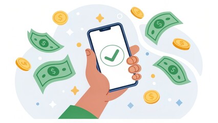 Poster - A hand holds a smartphone displaying a checkmark, surrounded by flying dollar bills and coins, symbolizing financial success or mobile payments.