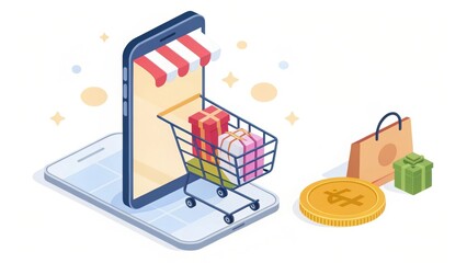 Poster - Digital shopping scene featuring a smartphone, shopping cart with gifts, coins, and shopping bags, illustrating modern online commerce.